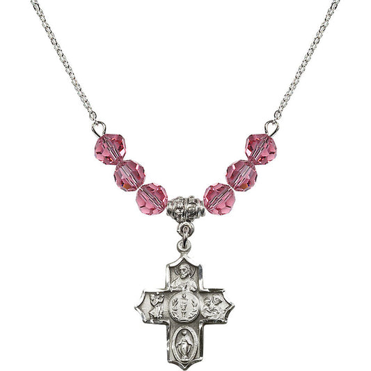 Sterling Silver 4-Way Birthstone Necklace with Rose Beads - 4256