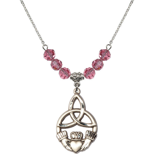 Sterling Silver Irish Knot / Claddagh Birthstone Necklace with Rose Beads - 5102