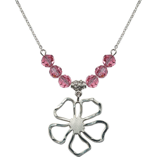 Sterling Silver Five Pedal Flower Birthstone Necklace with Rose Beads - 5109