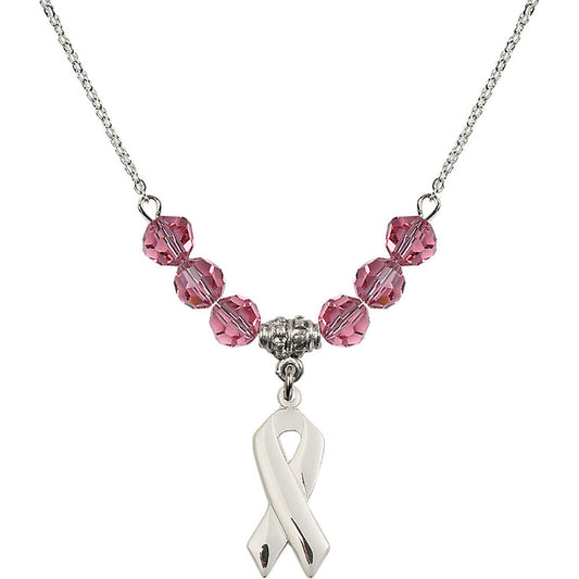 Sterling Silver Cancer Awareness Birthstone Necklace with Rose Beads - 5150