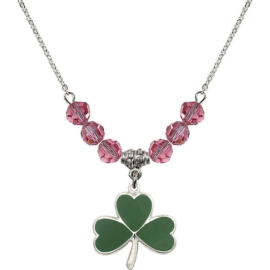Sterling Silver Shamrock Birthstone Necklace with Rose Beads - 5248