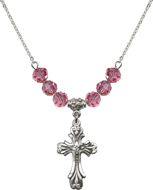 Sterling Silver Cross Birthstone Necklace with Rose Beads - 5419