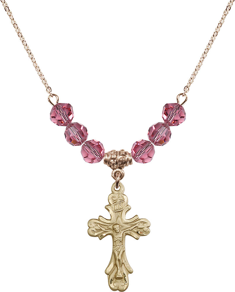 14kt Gold Filled Crucifix Birthstone Necklace with Rose Beads - 5421
