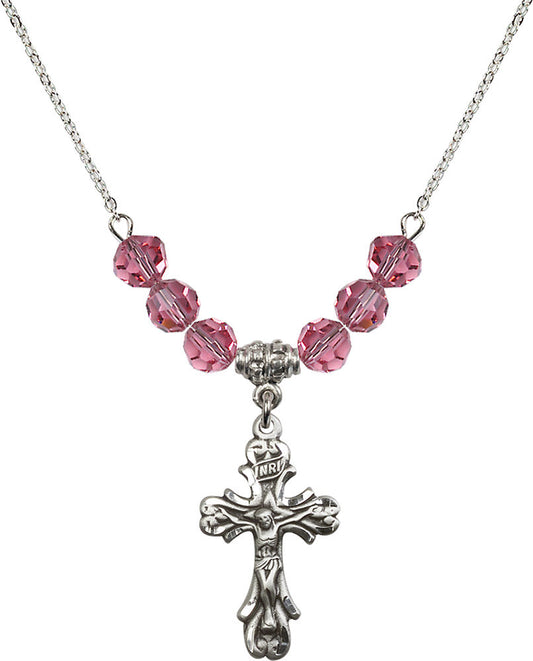 Sterling Silver Crucifix Birthstone Necklace with Rose Beads - 5421