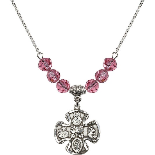 Sterling Silver 5-Way Birthstone Necklace with Rose Beads - 5443