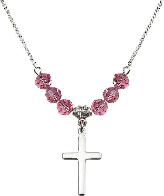 Sterling Silver Cross Birthstone Necklace with Rose Beads - 5670