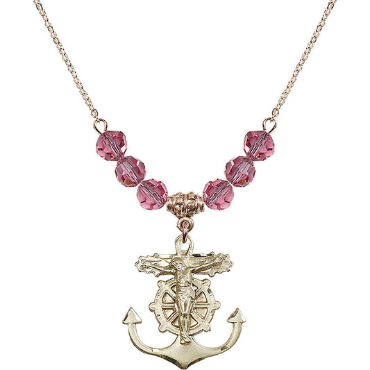14kt Gold Filled Anchor Crucifix Birthstone Necklace with Rose Beads - 5685
