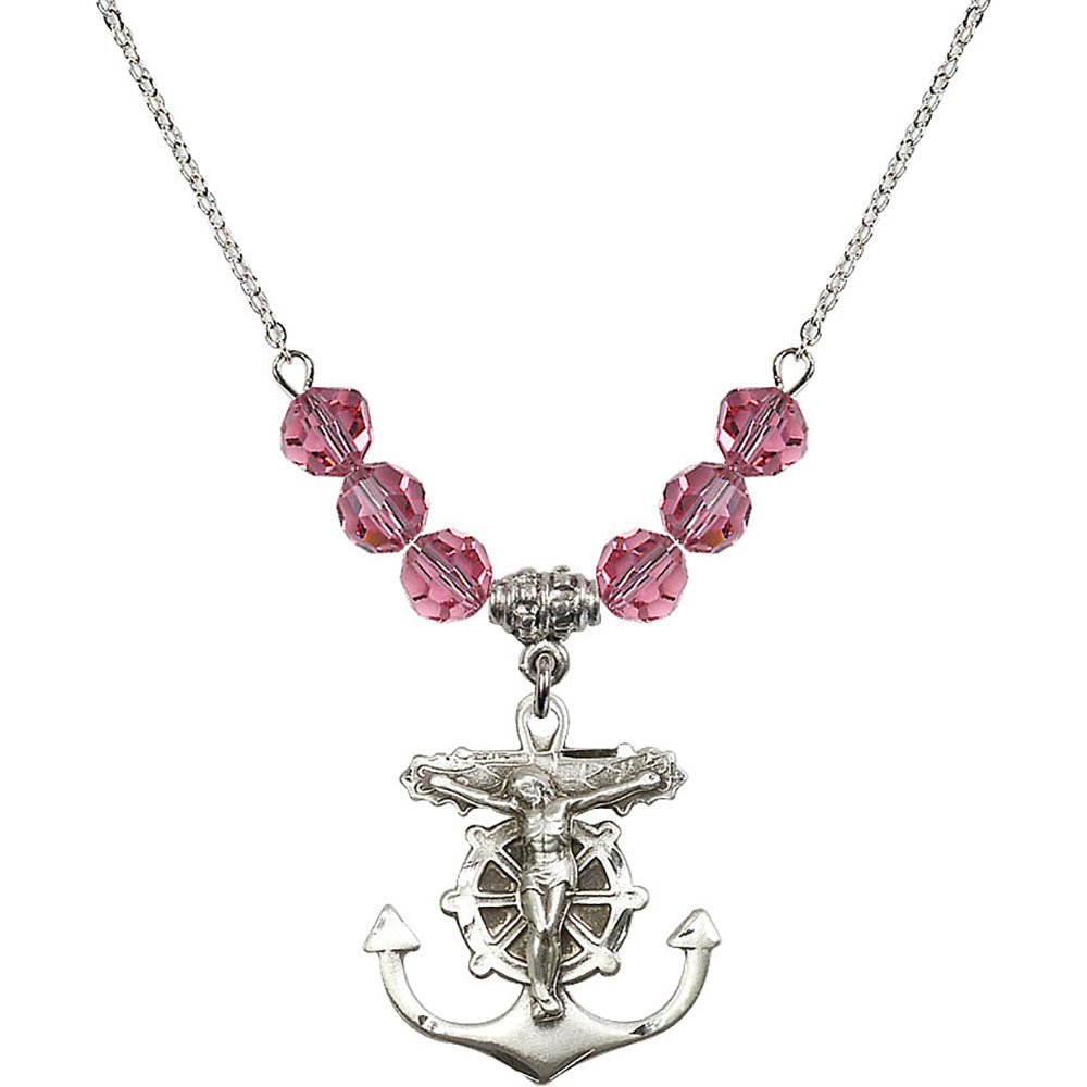 Sterling Silver Anchor Crucifix Birthstone Necklace with Rose Beads - 5685