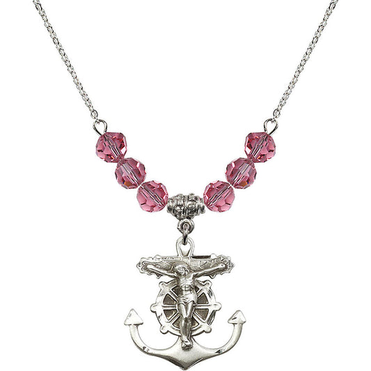 Sterling Silver Anchor Crucifix Birthstone Necklace with Rose Beads - 5685