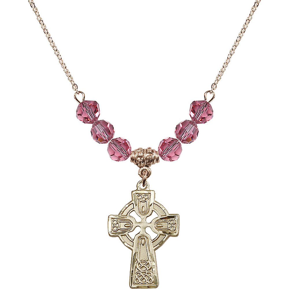 14kt Gold Filled Celtic Cross Birthstone Necklace with Rose Beads - 5689