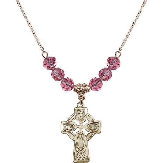 14kt Gold Filled Celtic Cross Birthstone Necklace with Rose Beads - 5689