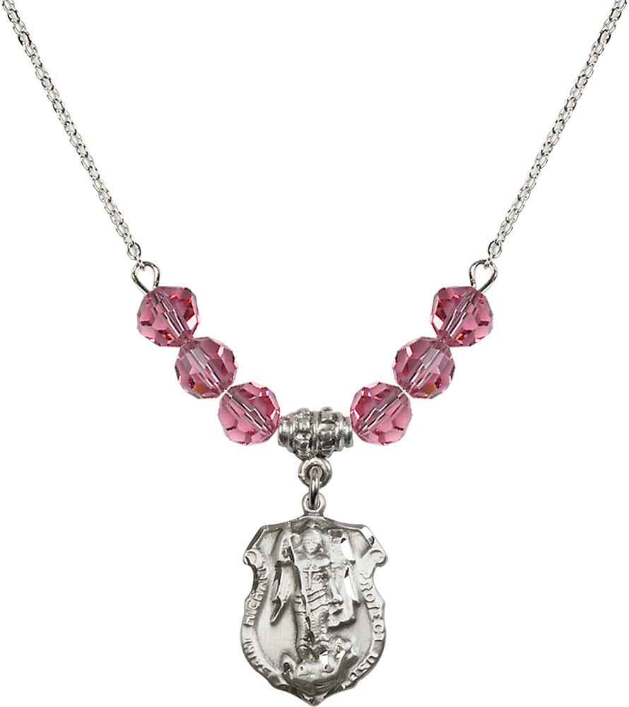 Sterling Silver Saint Michael the Archangel Birthstone Necklace with Rose Beads - 5692