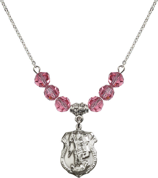 Sterling Silver Saint Michael the Archangel Birthstone Necklace with Rose Beads - 5692