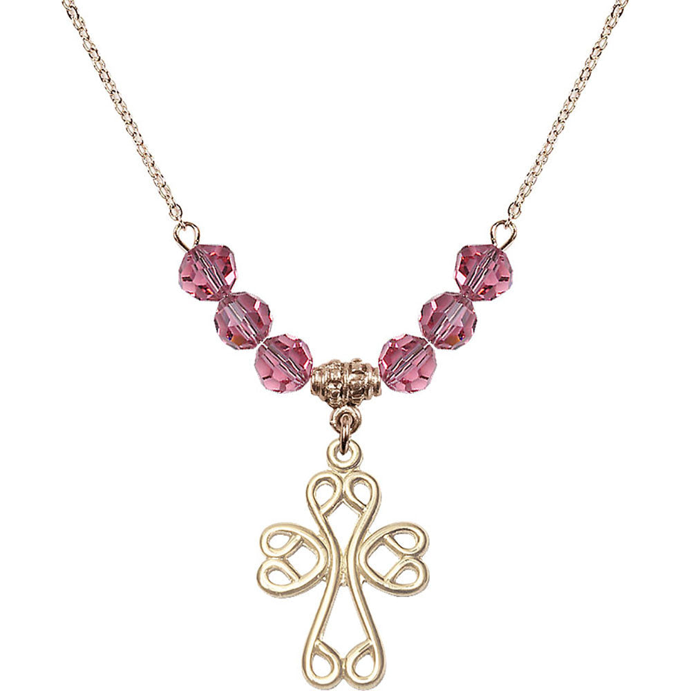 14kt Gold Filled Scroll Cross Birthstone Necklace with Rose Beads - 5998