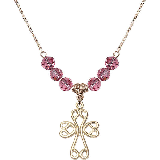 14kt Gold Filled Scroll Cross Birthstone Necklace with Rose Beads - 5998