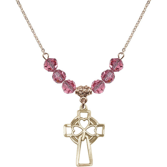14kt Gold Filled Shamrock Cross Birthstone Necklace with Rose Beads - 5999