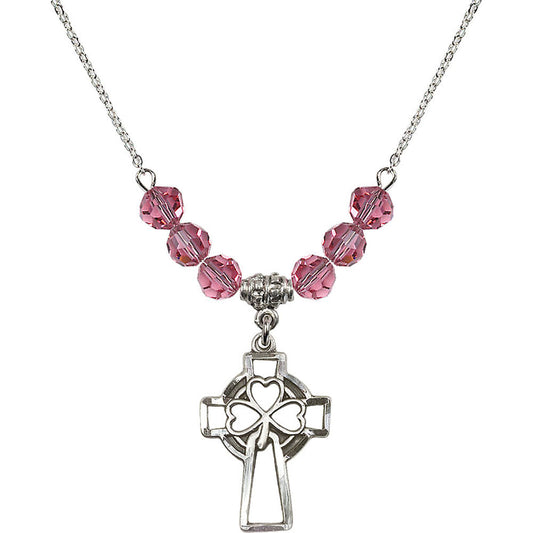 Sterling Silver Shamrock Cross Birthstone Necklace with Rose Beads - 5999