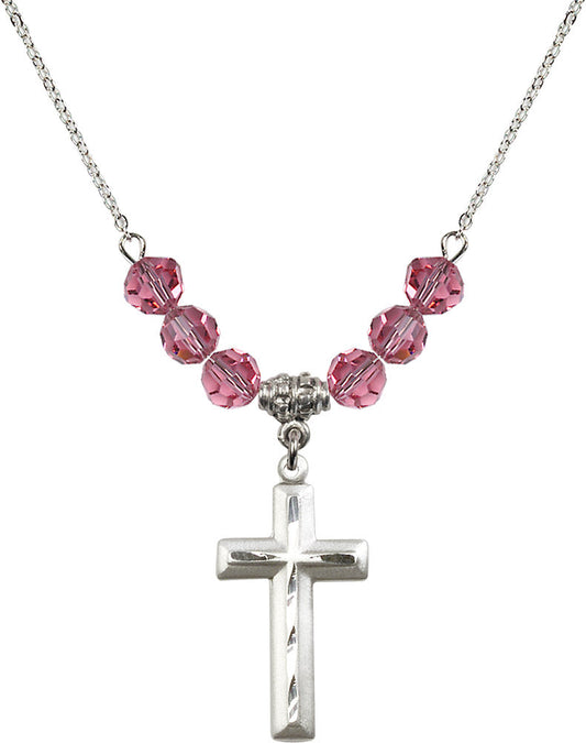 Sterling Silver Cross Birthstone Necklace with Rose Beads - 6000