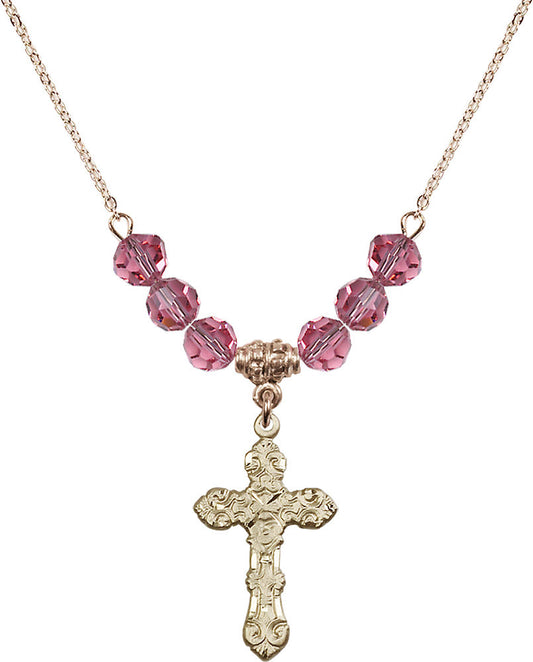 14kt Gold Filled Cross Birthstone Necklace with Rose Beads - 6001