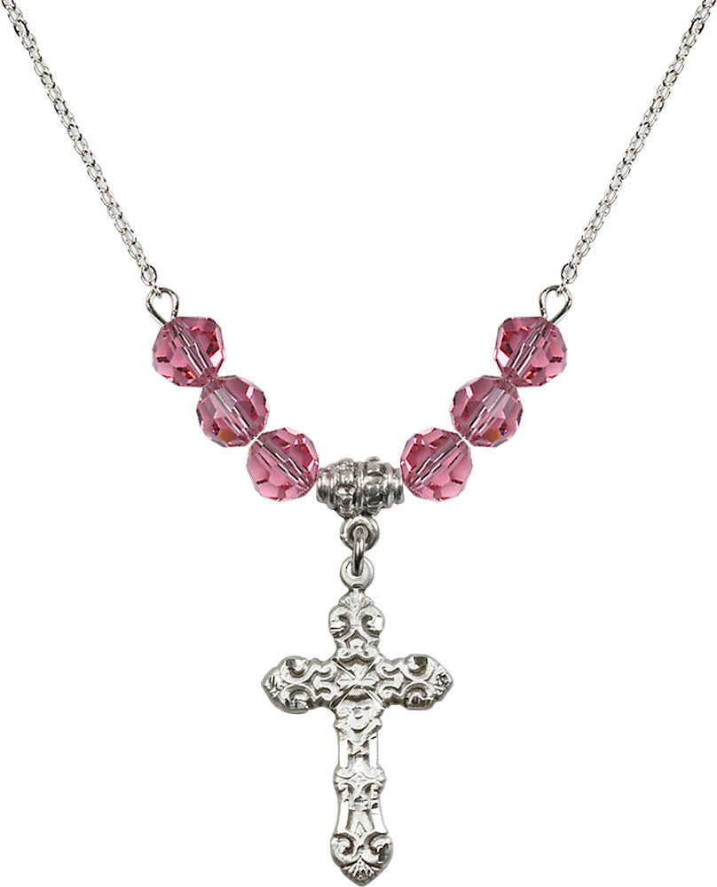 Sterling Silver Cross Birthstone Necklace with Rose Beads - 6001