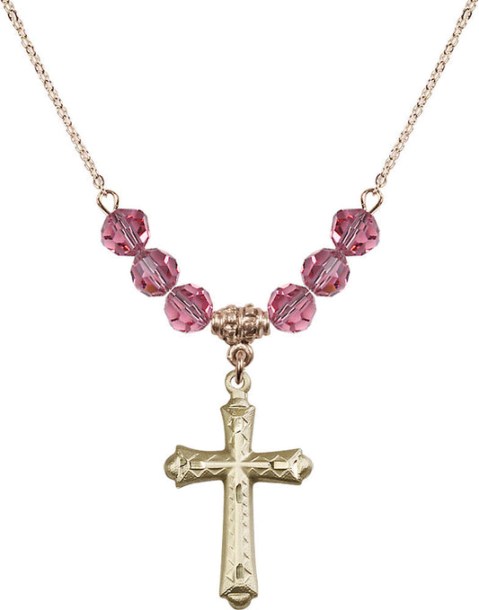14kt Gold Filled Cross Birthstone Necklace with Rose Beads - 6007