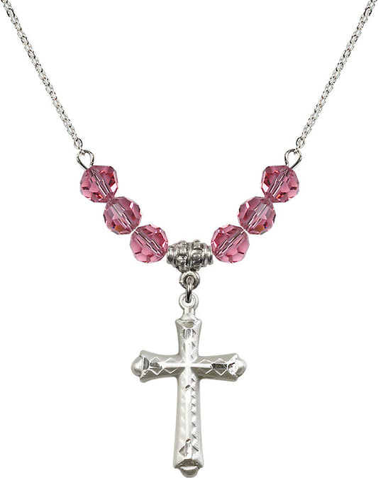 Sterling Silver Cross Birthstone Necklace with Rose Beads - 6007