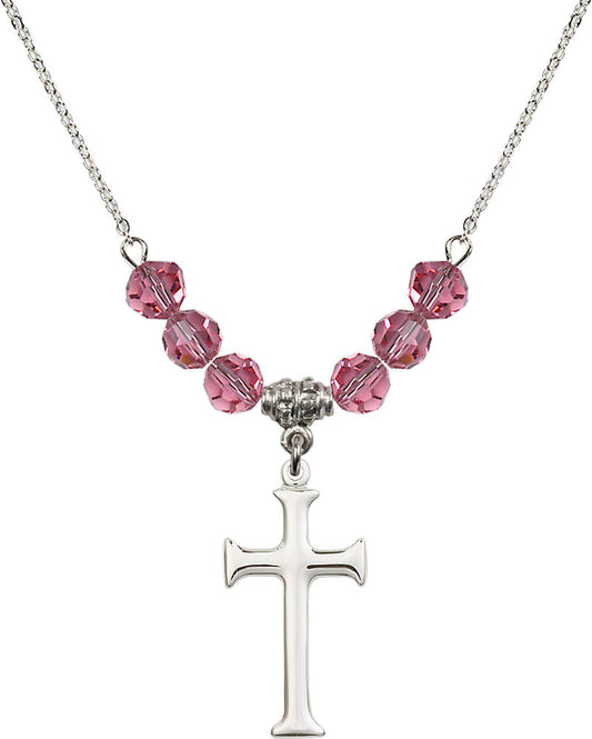 Sterling Silver Cross Birthstone Necklace with Rose Beads - 6008