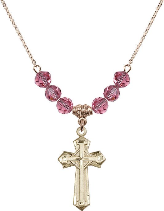 14kt Gold Filled Cross Birthstone Necklace with Rose Beads - 6012
