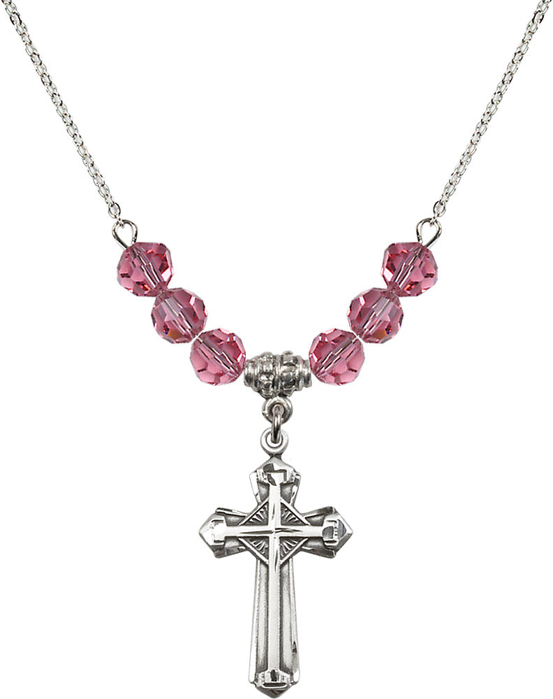 Sterling Silver Cross Birthstone Necklace with Rose Beads - 6012