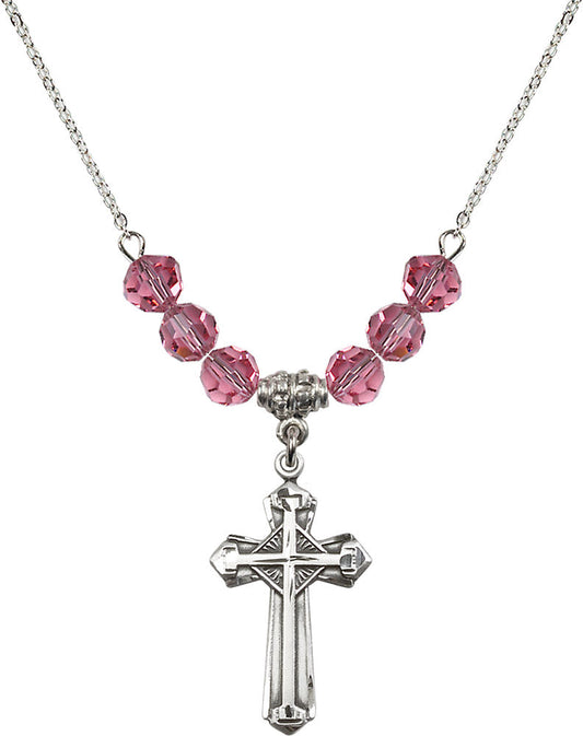 Sterling Silver Cross Birthstone Necklace with Rose Beads - 6012