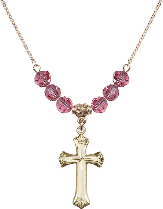14kt Gold Filled Cross Birthstone Necklace with Rose Beads - 6013