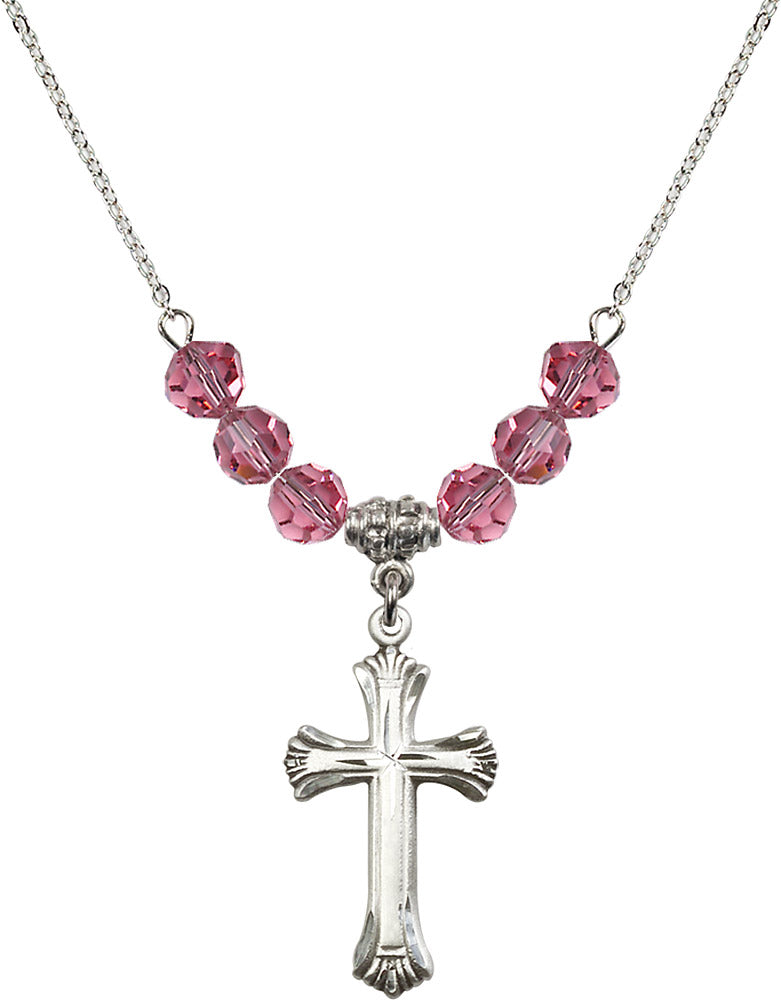Sterling Silver Cross Birthstone Necklace with Rose Beads - 6013