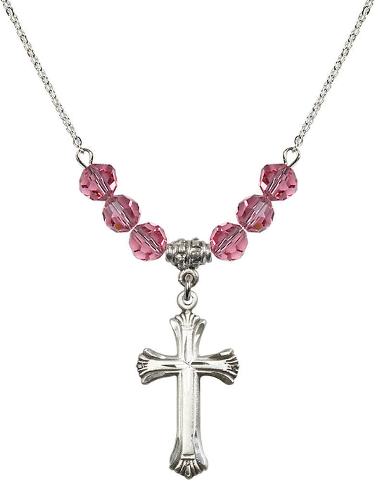 Sterling Silver Cross Birthstone Necklace with Rose Beads - 6013