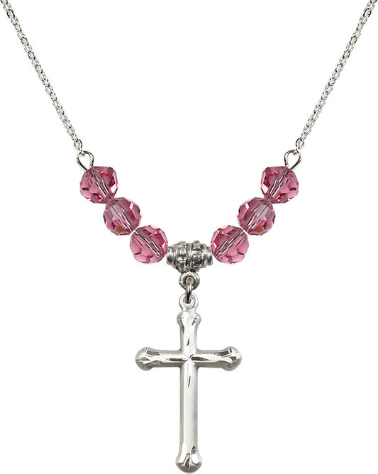 Sterling Silver Cross Birthstone Necklace with Rose Beads - 6022