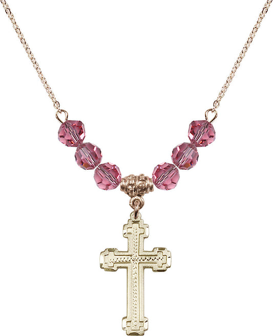 14kt Gold Filled Cross Birthstone Necklace with Rose Beads - 6039