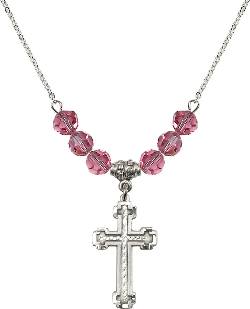 Sterling Silver Cross Birthstone Necklace with Rose Beads - 6039