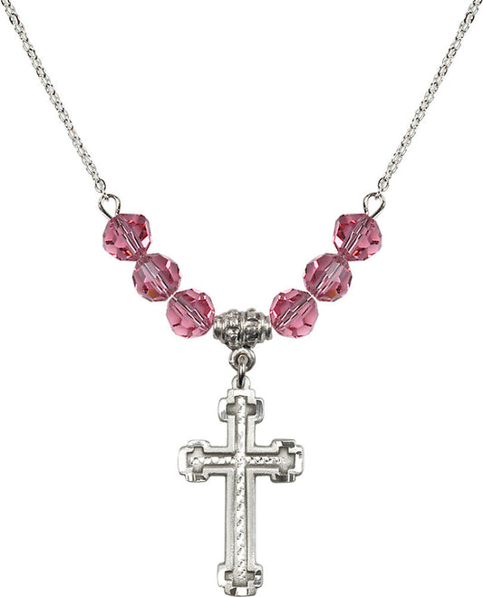 Sterling Silver Cross Birthstone Necklace with Rose Beads - 6039