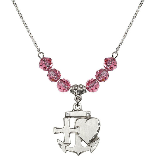 Sterling Silver Faith, Hope & Charity Birthstone Necklace with Rose Beads - 6045