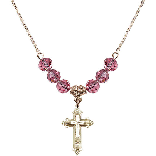 14kt Gold Filled Cross on Cross Birthstone Necklace with Rose Beads - 6058