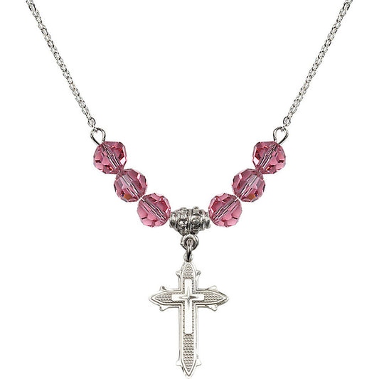 Sterling Silver Cross on Cross Birthstone Necklace with Rose Beads - 6058