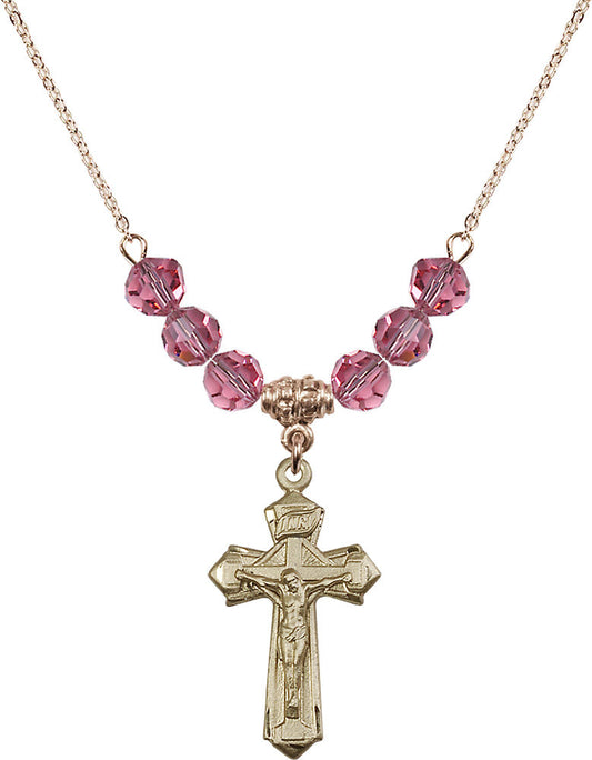 14kt Gold Filled Crucifix Birthstone Necklace with Rose Beads - 6092