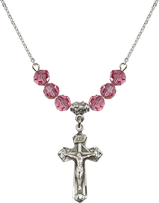 Sterling Silver Crucifix Birthstone Necklace with Rose Beads - 6092
