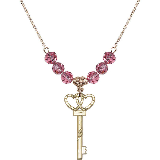 14kt Gold Filled Small Key w/Double Hearts Birthstone Necklace with Rose Beads - 6213