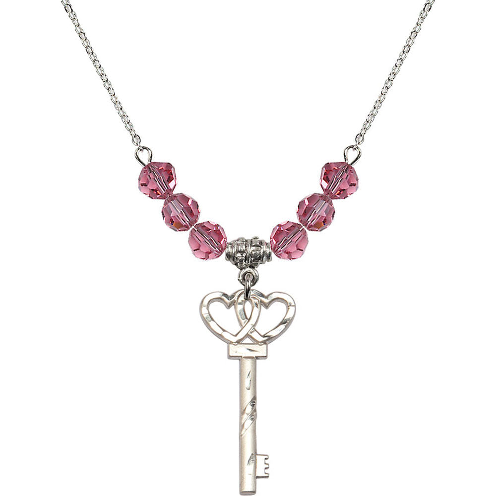 Sterling Silver Small Key w/Double Hearts Birthstone Necklace with Rose Beads - 6213