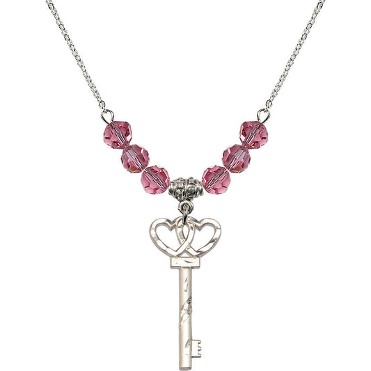 Sterling Silver Small Key w/Double Hearts Birthstone Necklace with Rose Beads - 6213