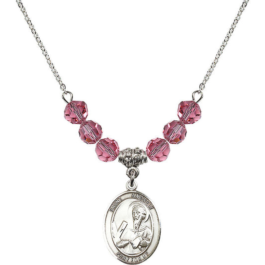 Sterling Silver Saint Andrew the Apostle Birthstone Necklace with Rose Beads - 8000