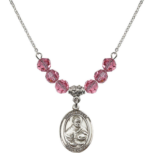 Sterling Silver Saint Albert the Great Birthstone Necklace with Rose Beads - 8001