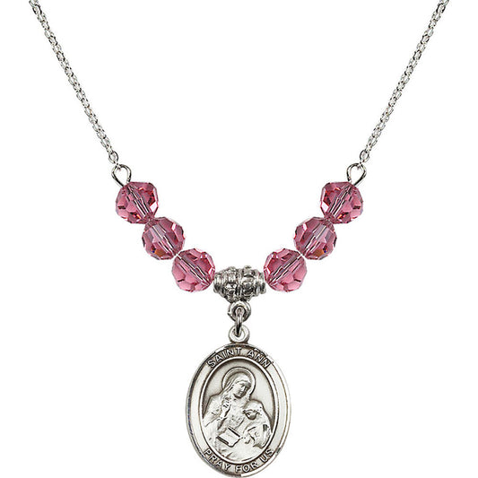 Sterling Silver Saint Ann Birthstone Necklace with Rose Beads - 8002