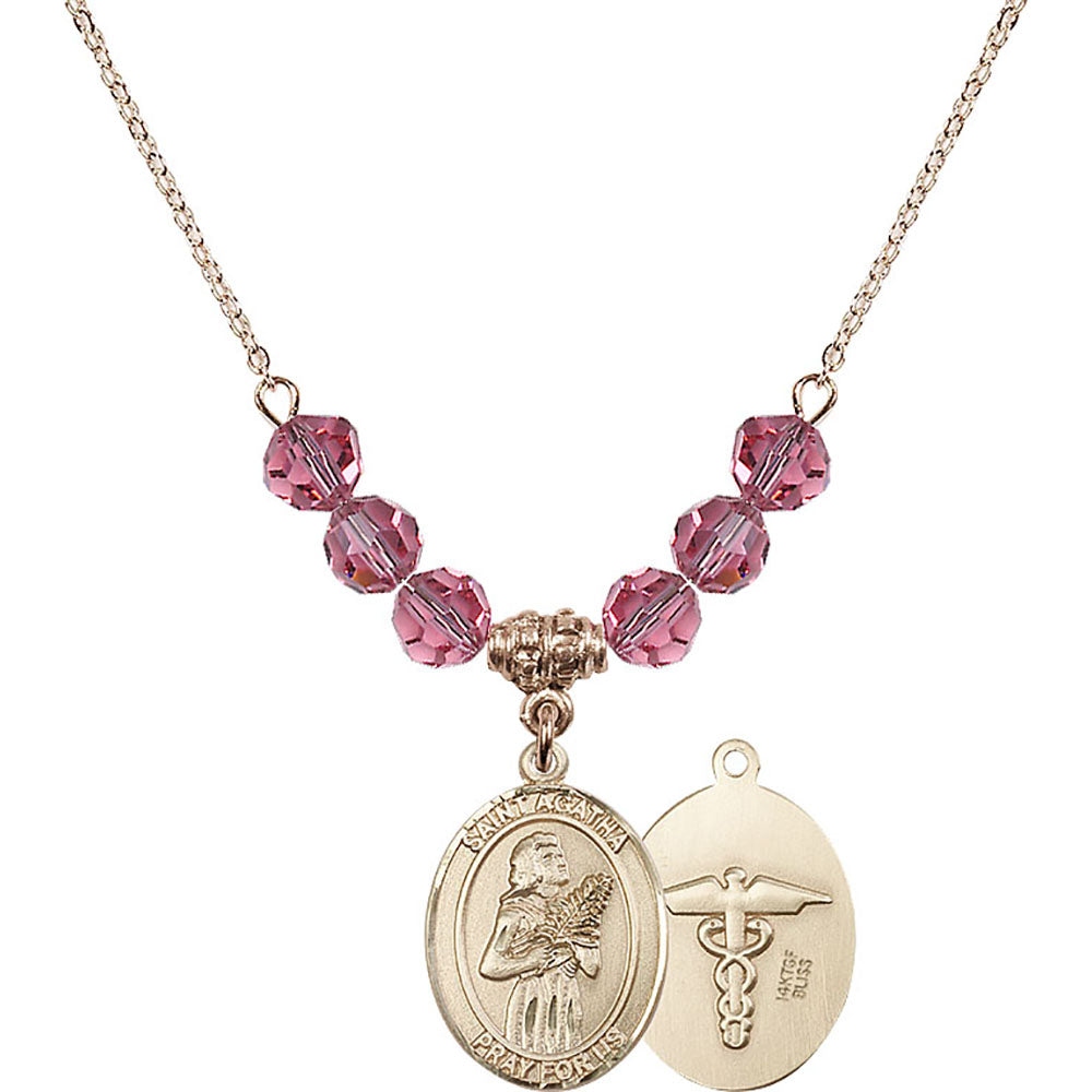 14kt Gold Filled Saint Agatha / Nurse Birthstone Necklace with Rose Beads - 8003