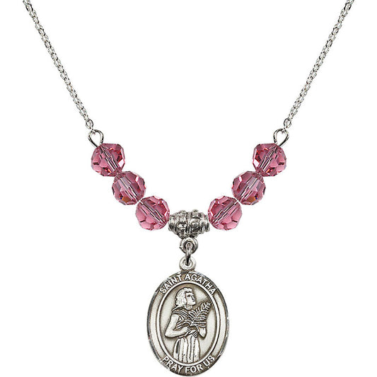 Sterling Silver Saint Agatha Birthstone Necklace with Rose Beads - 8003